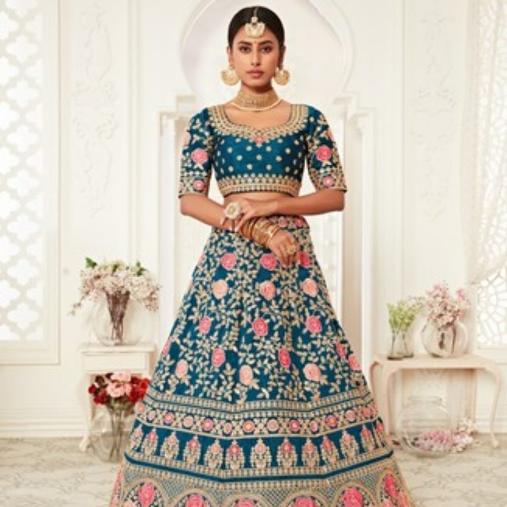 Exotic Blue Zari Embroidered Art Silk Designer Lehenga Choli For Wedding (NWT)